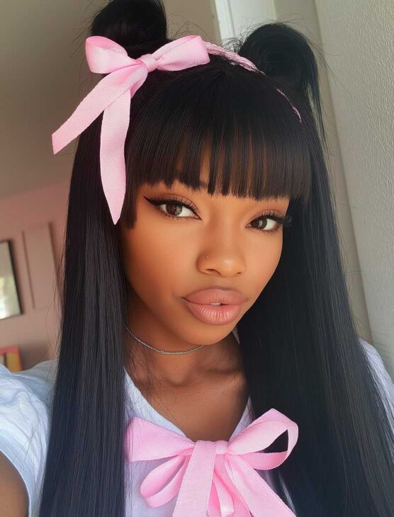 hairstyle for black woman. cute and coquette aesthetic with kawaii dollette buns on straight long black hair