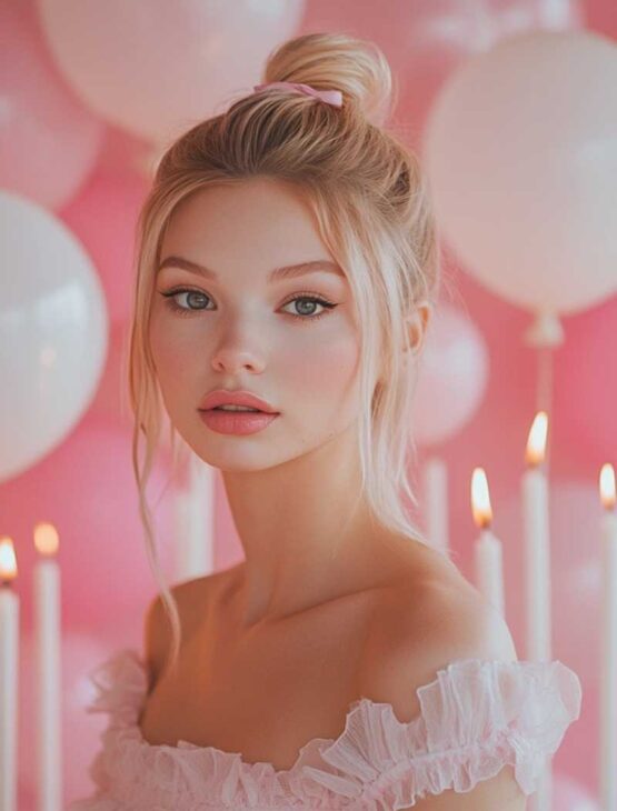 soft girly aesthetic birthday hairstyle for blond woman with soft side fringes. Romantic, feminine, pink, coquette, barbiecore. 