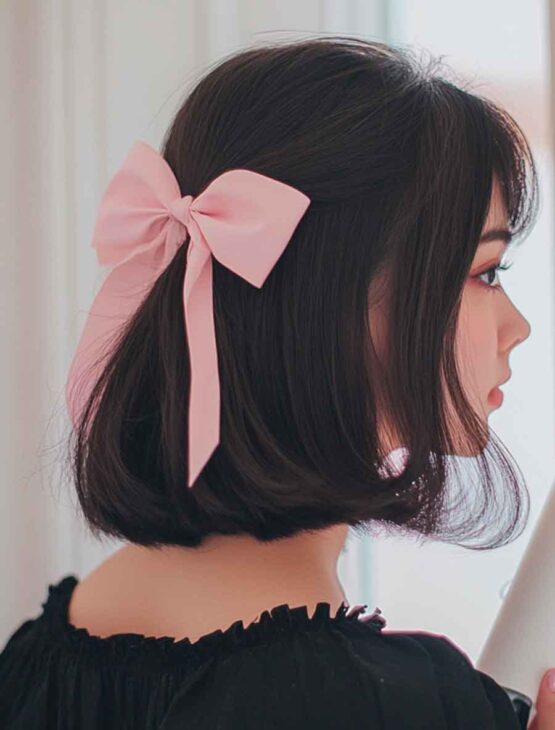 cute girly aesthetic hairstyle on short bob cut hair with bangs an d a light pink coquette bow.