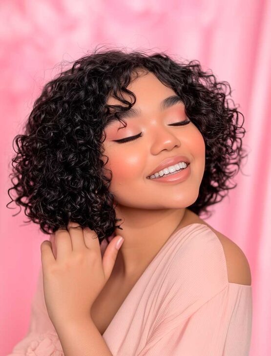 nautral curly short hairstyle with soft pink makeup for birthday