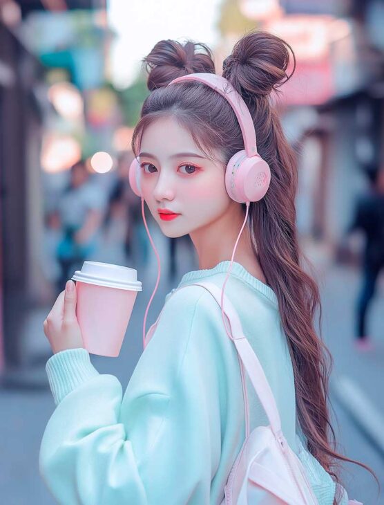 girly  kawaii aesthetic hairstyle with buns on long hair of korean asian girl. pastel aesthetic style