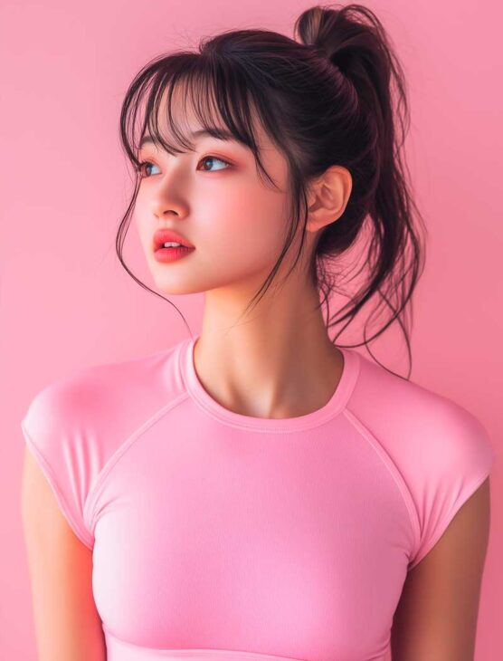 cute hairstyle for medium length thin hair on asian woman for athletic pilates yoga. Cute girly and feminine aesthetic with bangs and slightly messy.