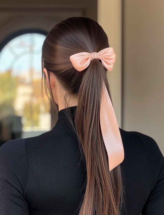 miu miu girl aesthetic haristyle with  girly pink peach bow on long brown straight hair. formal and simples. 