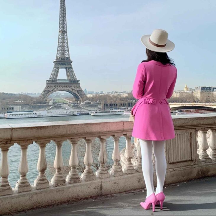 pink coat and white tights barbiecore fall cute girly feminine aesthetic parisian outfit