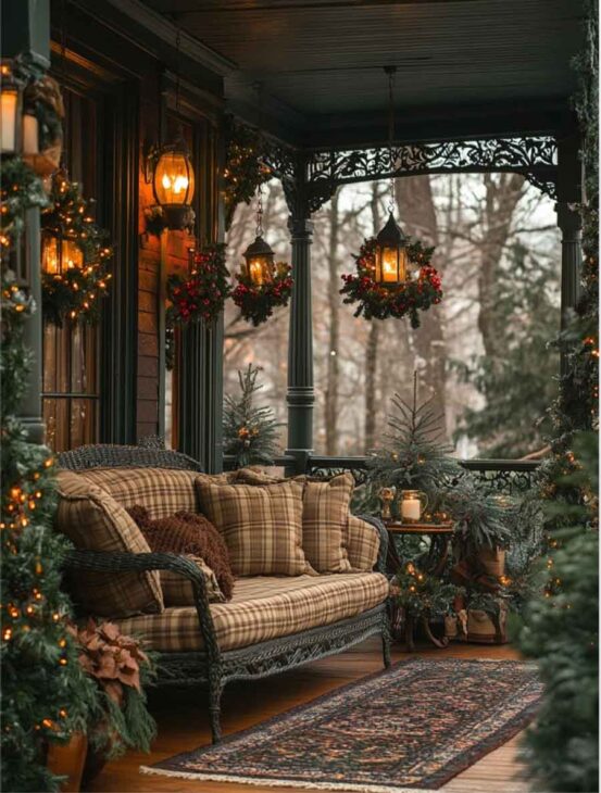 dark academia christmas outdoor decoration front porch