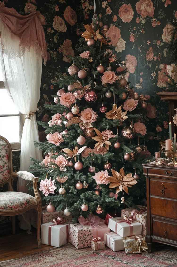 dark cottagecore royalcore rose gold christmas tree. victorian christmas decor