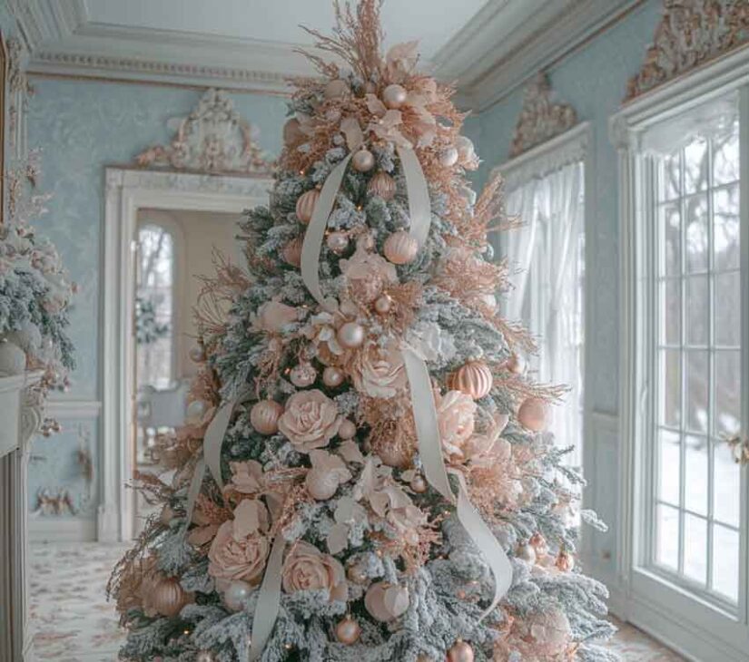 exuberant, large, full white flocked royalty royalcore christmas tree with ribbon and pink rose gold ornaments