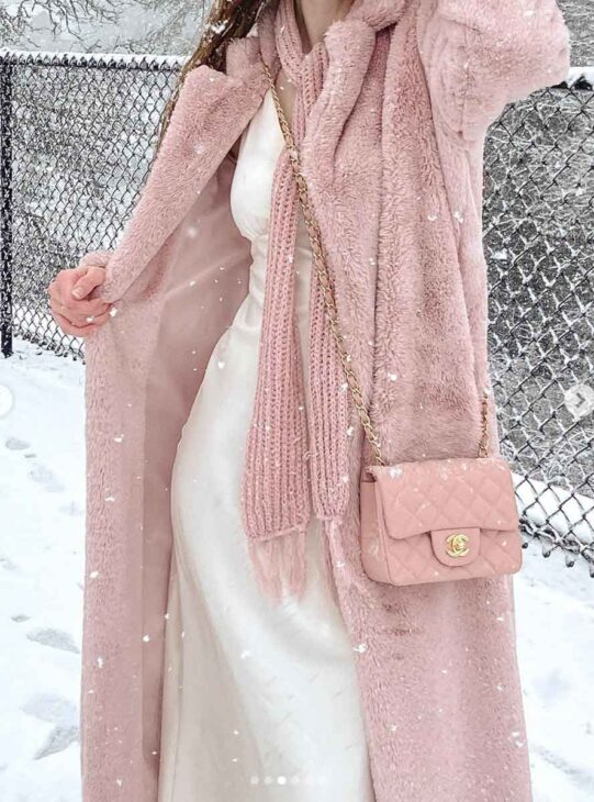 blush pink long coat and white dress winter outfit.