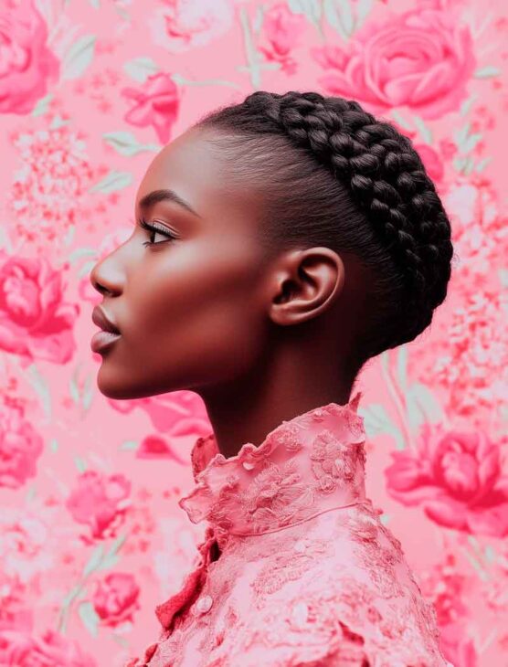 feminine updo for black woman braided short hair. elegant, work, classy