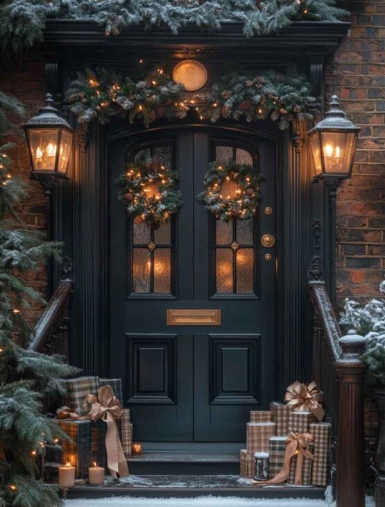 dark academia vintage christmas decoration for winter front porch outdoors. luxury