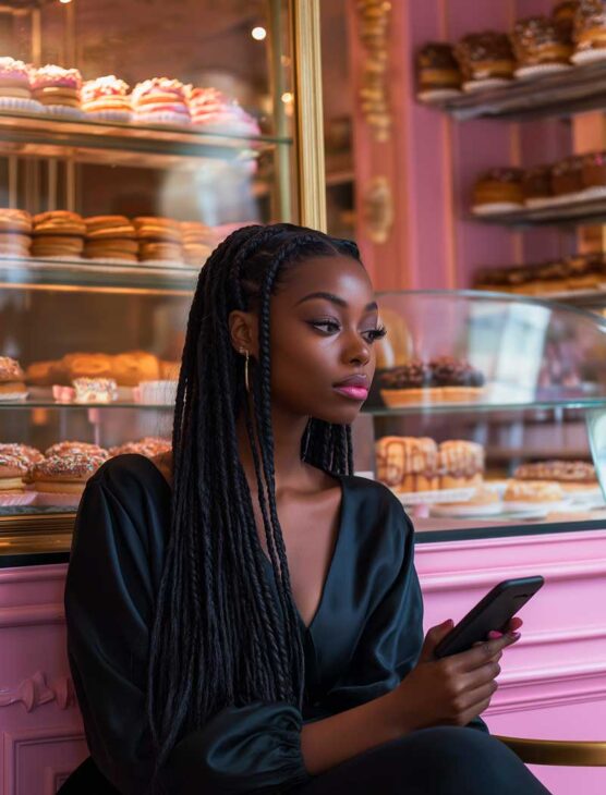 black girl hairstyle with small box braids for chic girly glamorous parisian aesthetic. black woman 