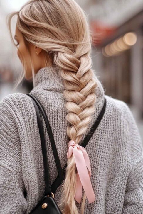 girly casual aesthetic braided hairstyle on blond hair. 