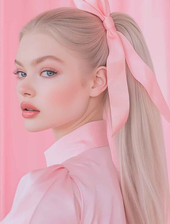 barbie aesthetic blond woman long hairstyle ponytail, girly with pink bow