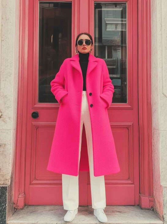 barbiecore hot pink coat winter workwear outfit. minimal chic