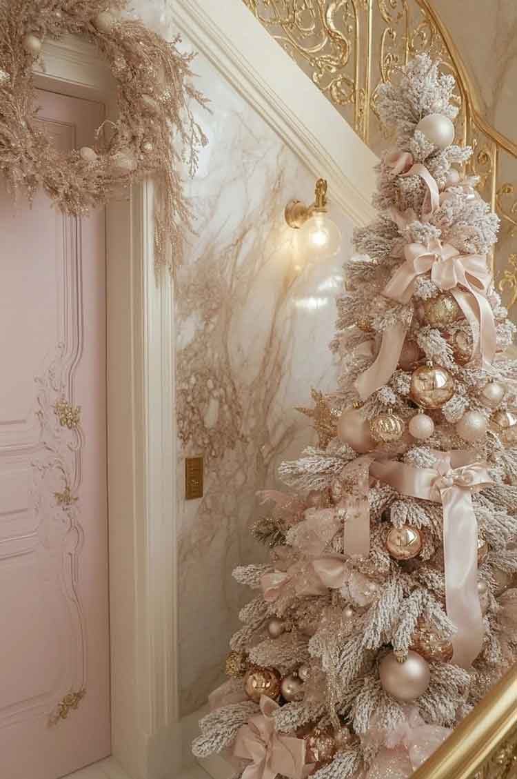 pink, white rose gold and gold christmas tree. royalcore living room aesthetic. luxury christmas tree decorations. princesscore christmas