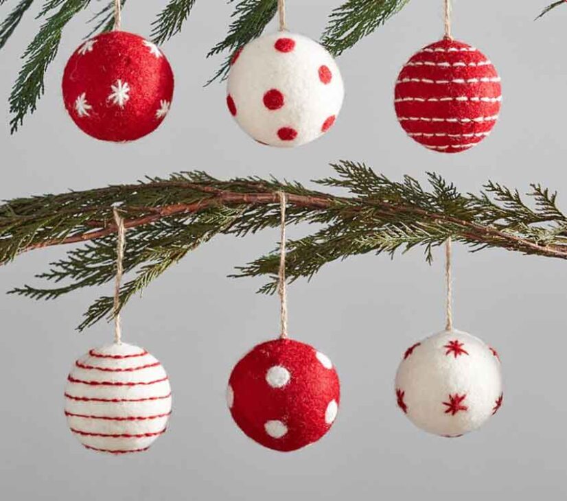 minimal christmas ornaments felt red and white