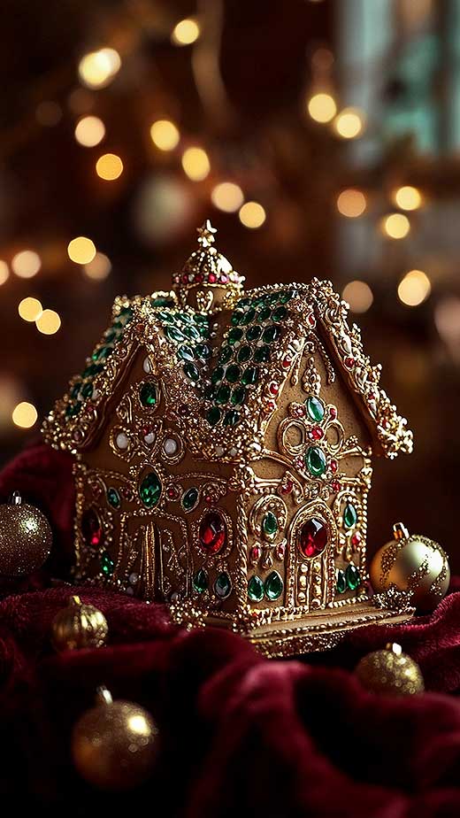 gingerbread house moody dark luxury gold red and green traditional christmas aesthetic wallpaper for iphone