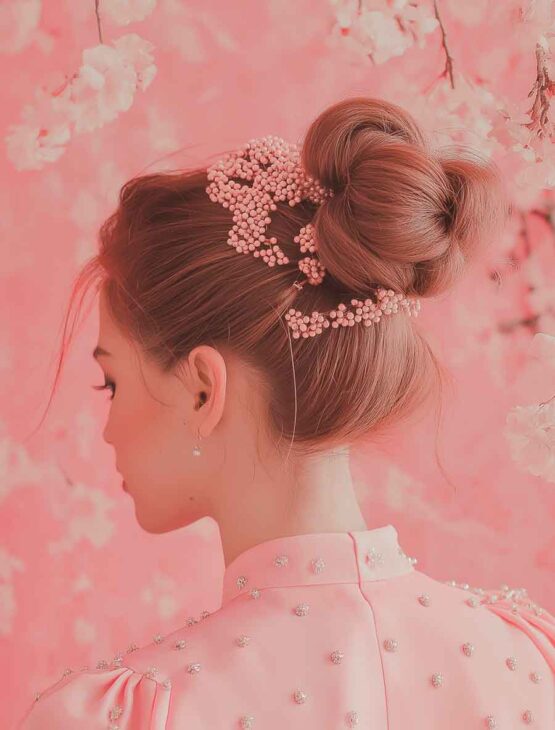 winter bride hairstyle with updo. classy, girly and pink