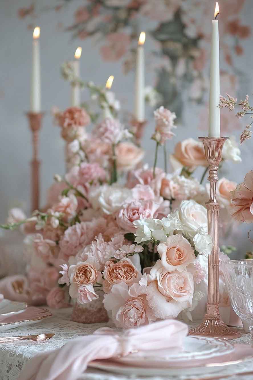 pink christmas table with roses centerpiece