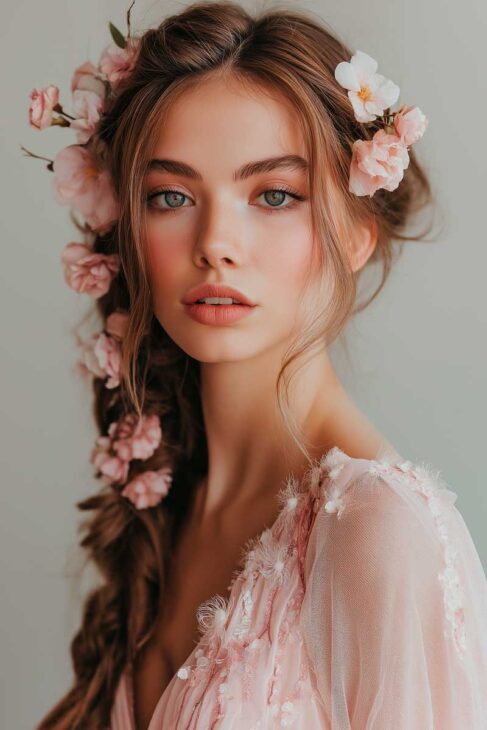 elain archeron aesthetic cute floral braided hairstyle on long hair. 