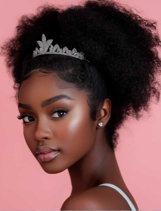 princess prom hairstyle updo for black woman with princess tiara