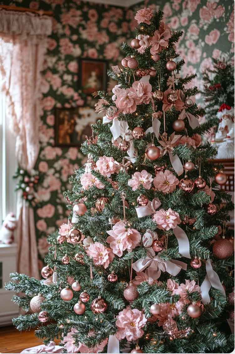 dark cottagecore royalcore rose gold christmas tree. victorian christmas decor