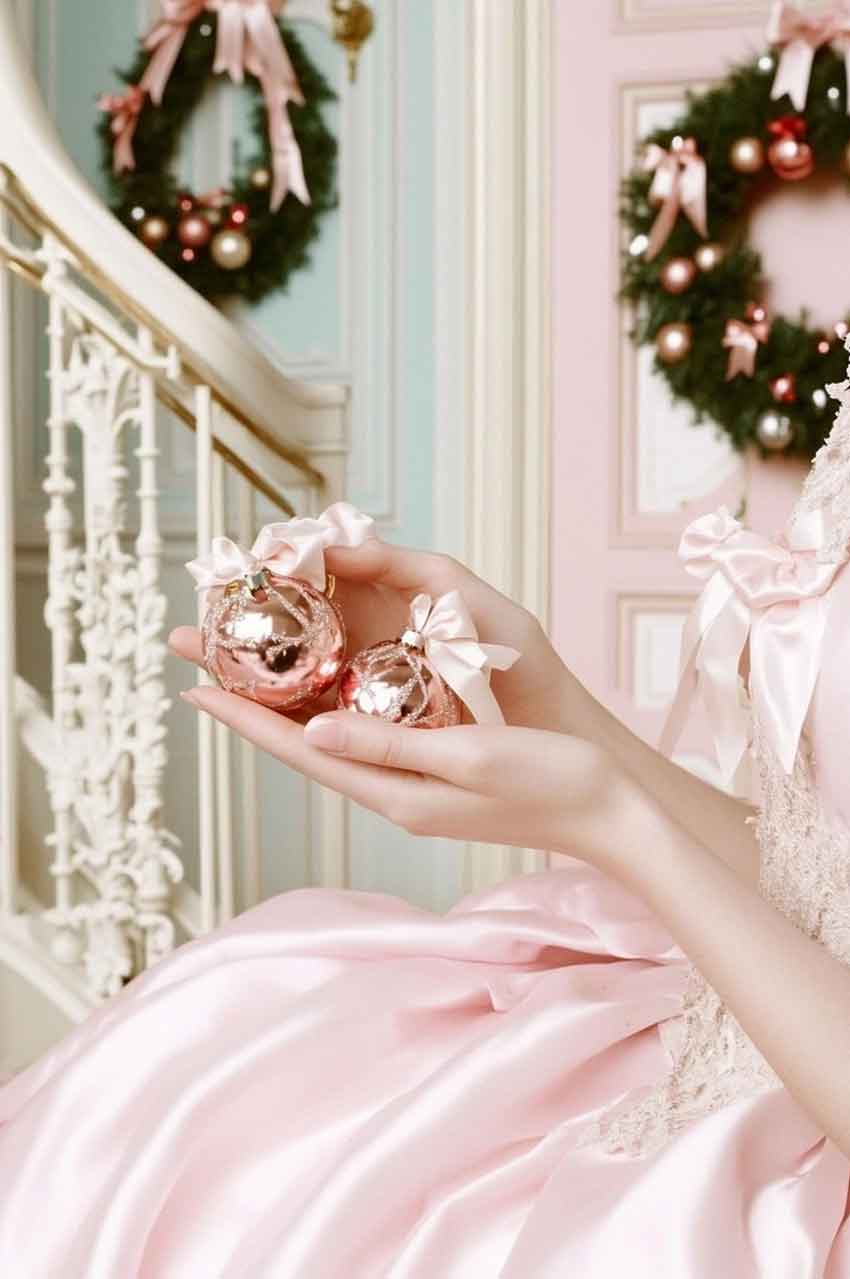 marie antoinette aesthetic christmas party and decorations with rose gold ornaments. Royalcore.