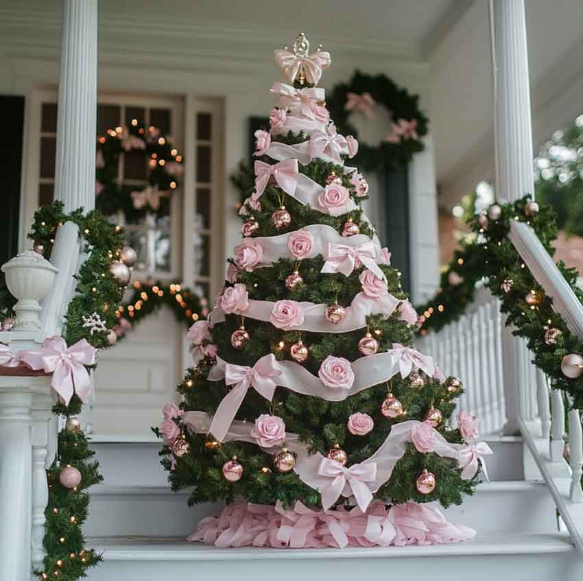 pink aesthetic coquette christmas tree with soft pink bows, ribbons and roses and rose gold ornament balls. Front porch pink christmas