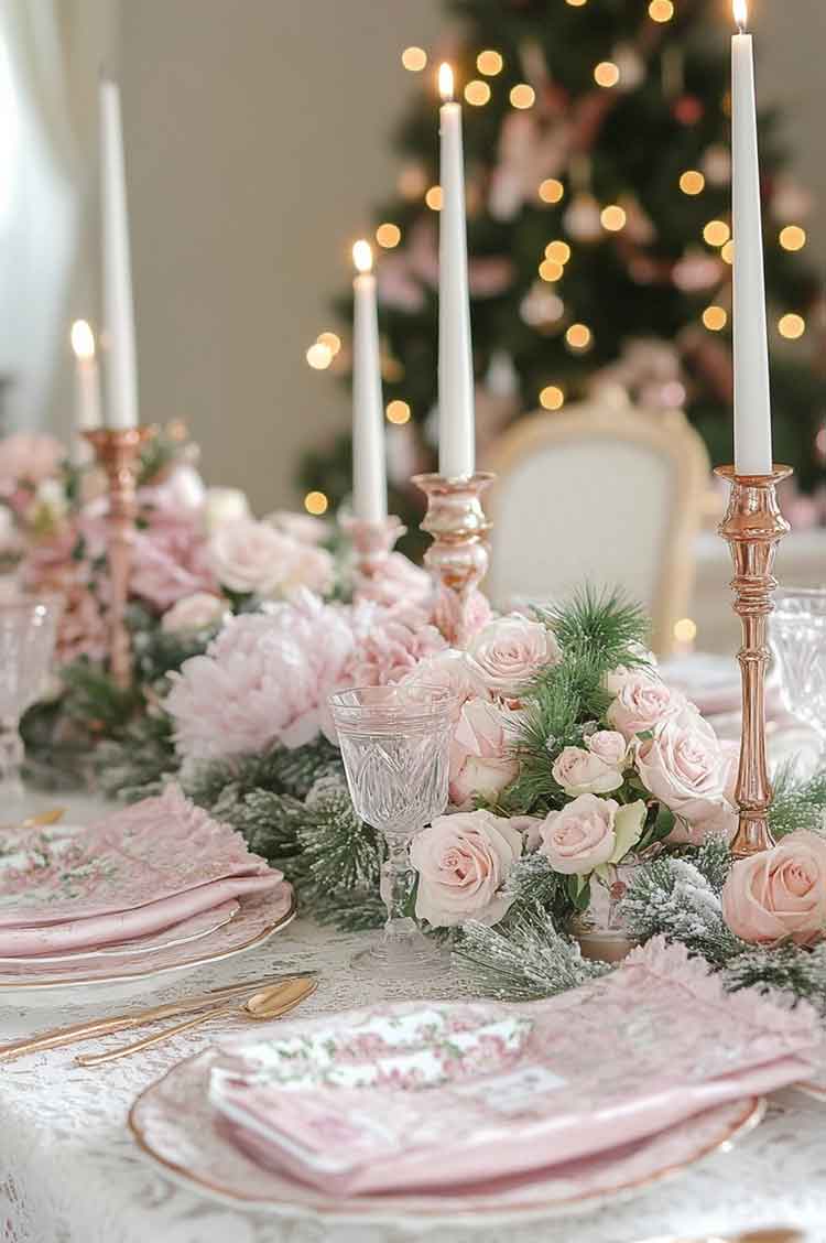 pink christmas table setting with rose gold decorations and floral roses centerpieces and crustal glasses. marie antoinette aesthetic