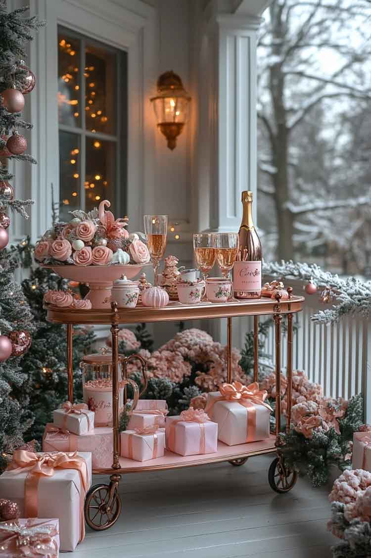 pink rose gold vintage christmas porch decoration