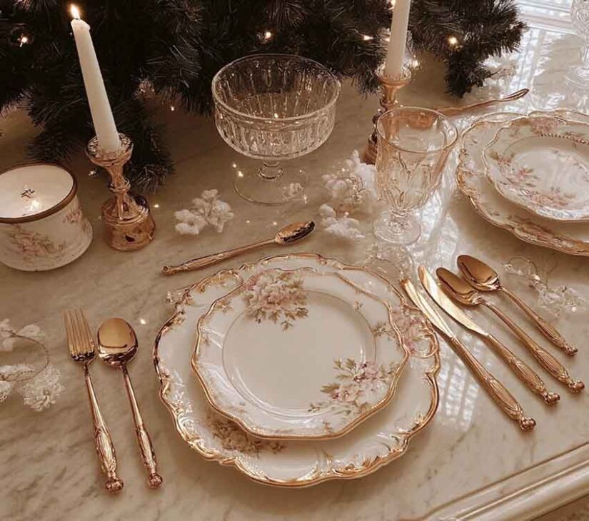 elegant vintage christmas table setting set up. royalcore aesthetic