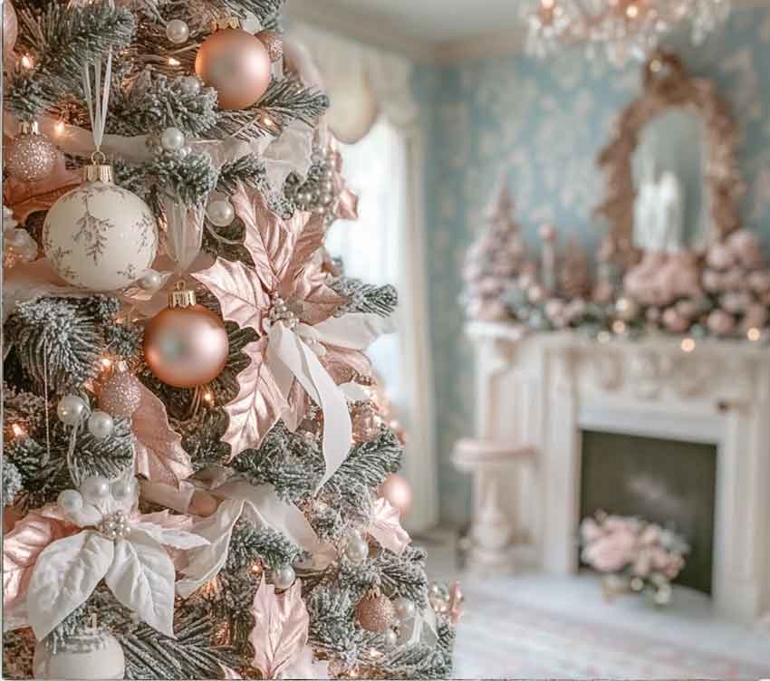 rose gold blush pink and white christmas tree decoration. luxury, high end