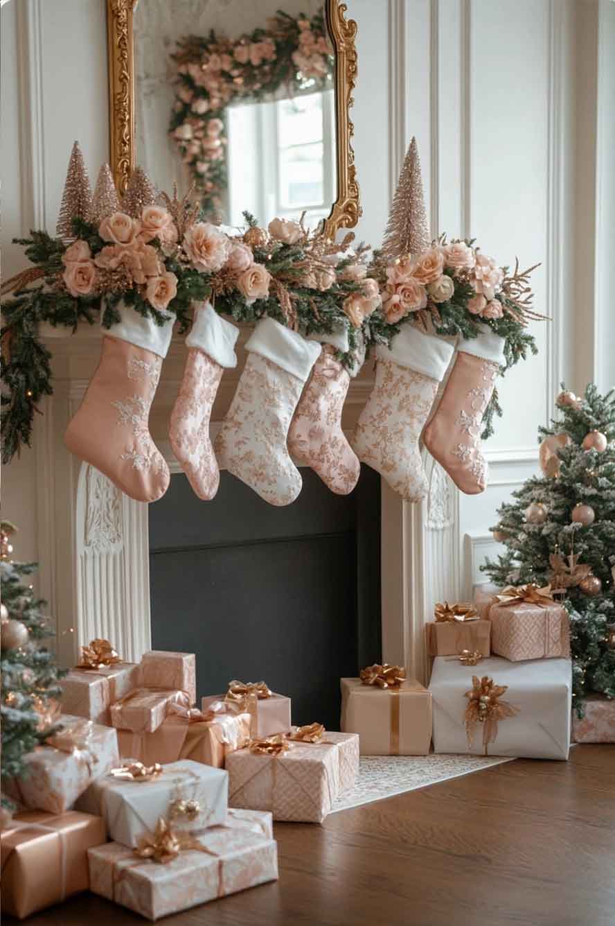 blush pink and rose gold living room vintage victorian girly feminine royalcore princesscore christmas decoration with flowers