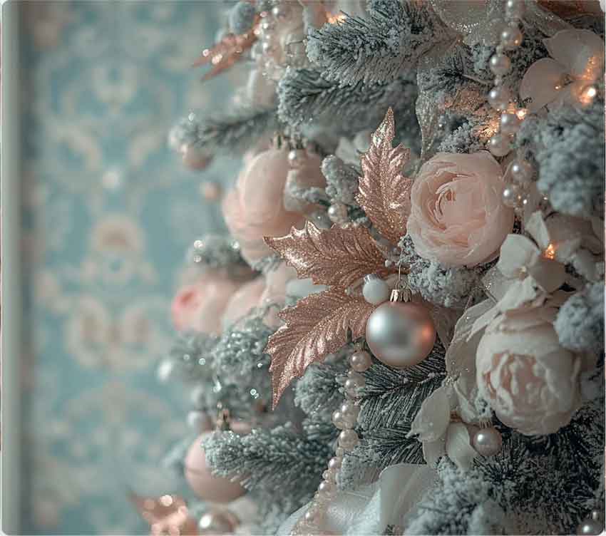 pink and silver with rose gold decorations and blus ahd pearls royal aesthetic flocked christmas tree. marie antoinette aesthetic