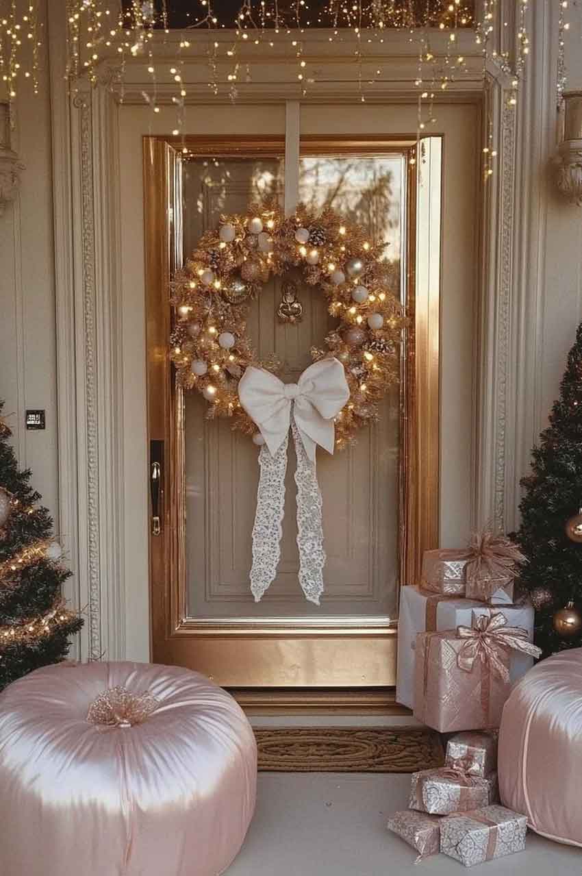 pink christmas wreath with tose gold ornaments on front door