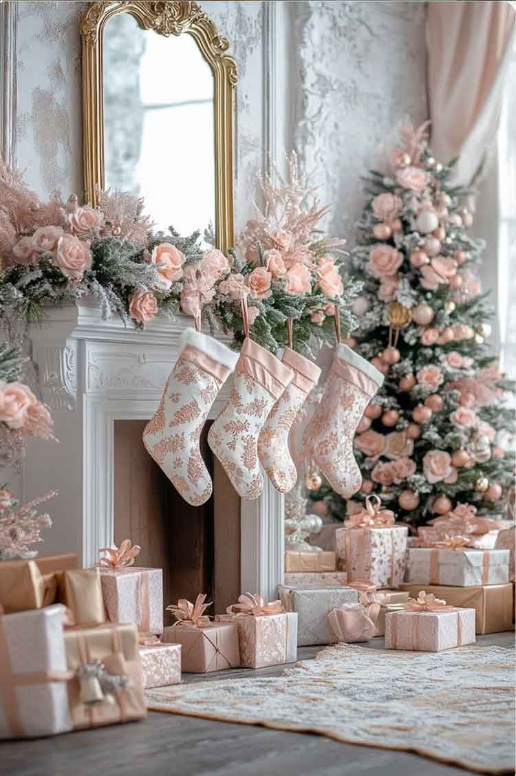 vintage pink christmas living room decorations with rose gold decorations