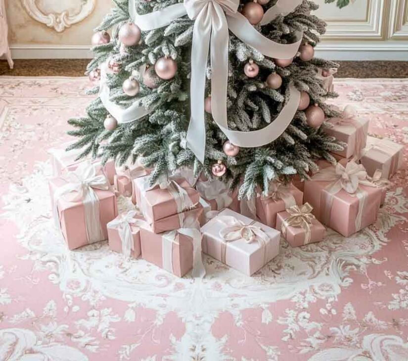 coquette rose gold, pink and white royalcore christmas trre with white ribbons