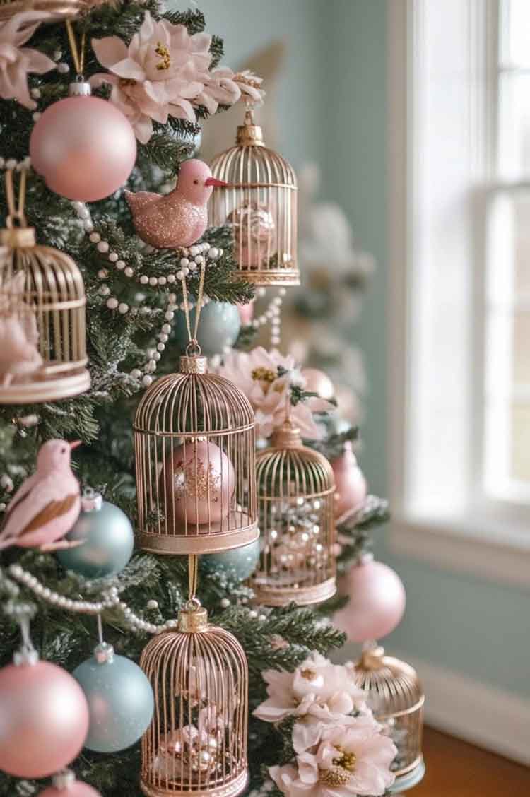 blue, pink and rose gold marie antoinette luxury royal aesthetic christmas tree decorations. victorian pink with pearls