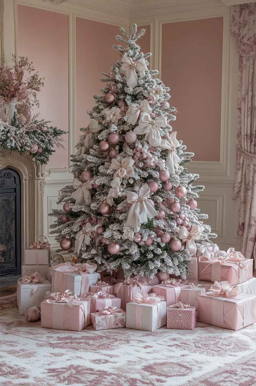 exuberant large luxury rose gold and pink christmas tree with white bows