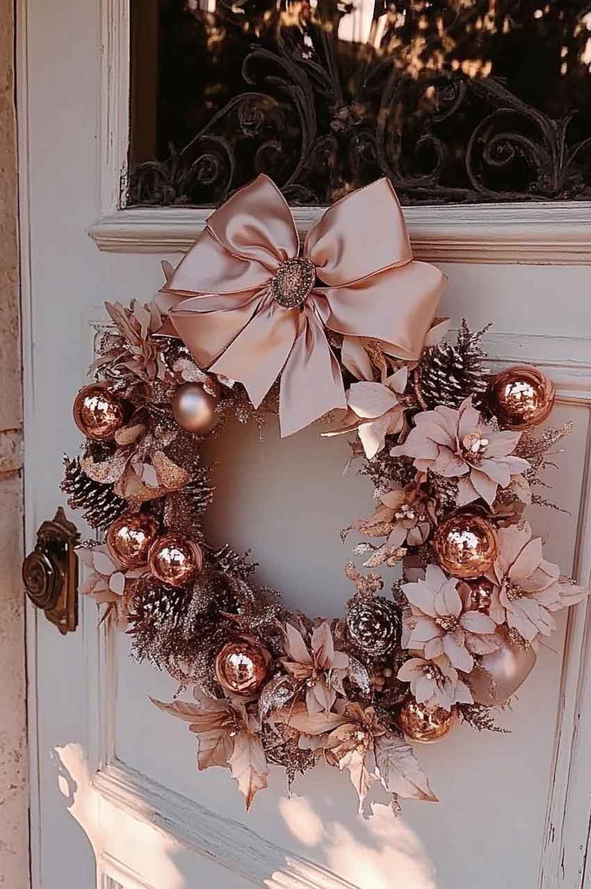 rose gold pink garland. Royalcore aesthetic christmas. Royal xmas wreath. luxury holiday decor.