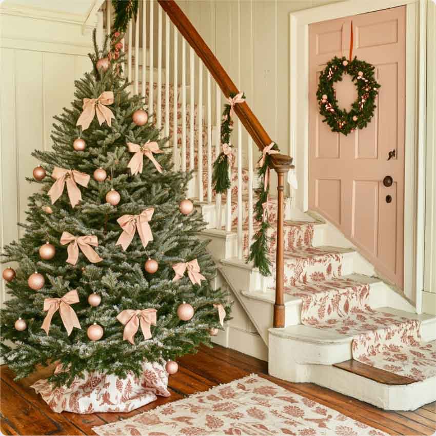 vintage cozy christmas pink shabby chic cottagecore tree and living room decoration