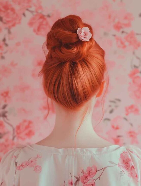 redhaired hairstyle updo pink aesthetic bridesmaid floral