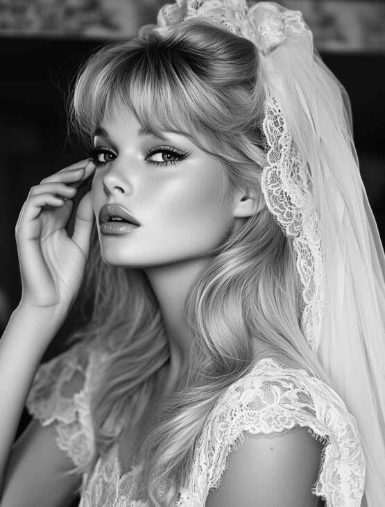 bridget bartot aesthetic vintage glamour half up hairstyle with bangs and veil on medium length hair on blond woman