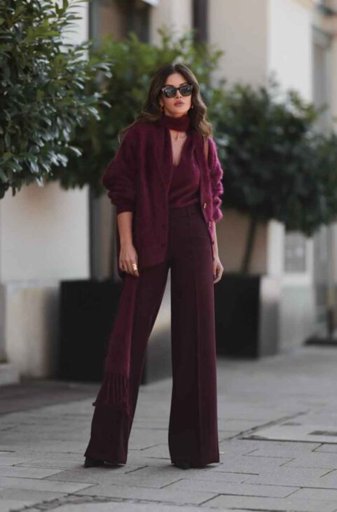 elegant chic cardigan and pants burgundy outfit for fall