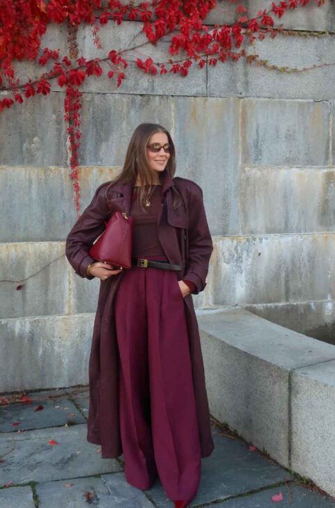 monochrome fall burgundy outfit with trench coat and pants