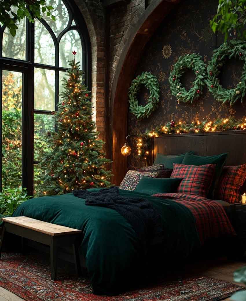 Christmas bedroom decor for winter with plaid bedding. Cabincore aesthetic, outdoorsy bedroom, mountains cabin room. forest green and plaid decor aesthetic