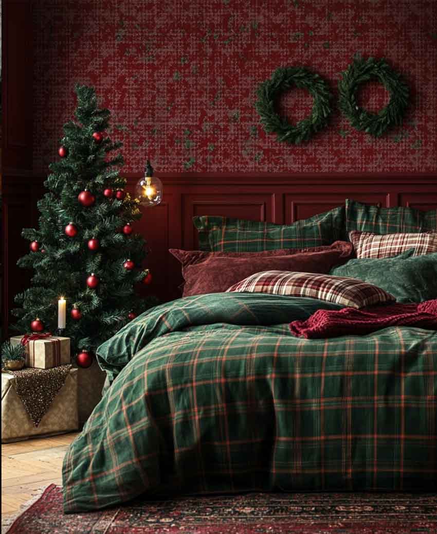 christmas crimsom red and greem bedroom decor