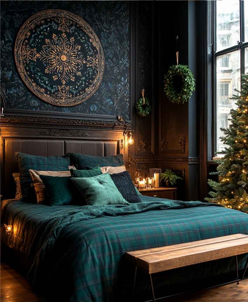 brown and green luxury cabin christmas decoration with plaid bedding