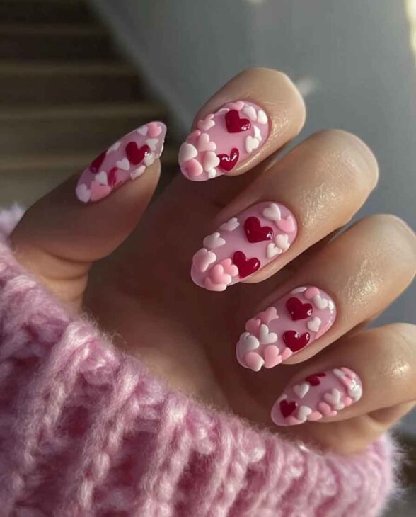 Pink and red nails with 3D hearts  for a cute aesthetic valentines day manicure