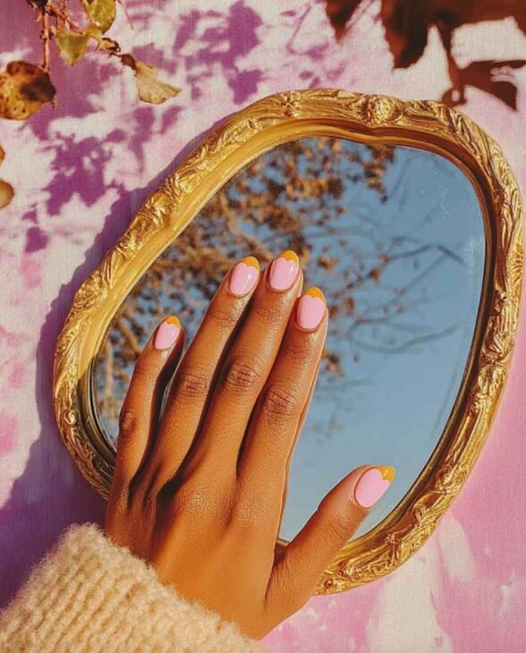 pink and organge spring inspired cute valentines day nails with cottaagecore boho aesthetic, black skin